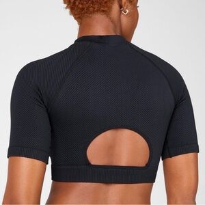 Fabletics | Camila Seamless Open Back Ribbed Black Athletic Gym Crop Top T Shirt
